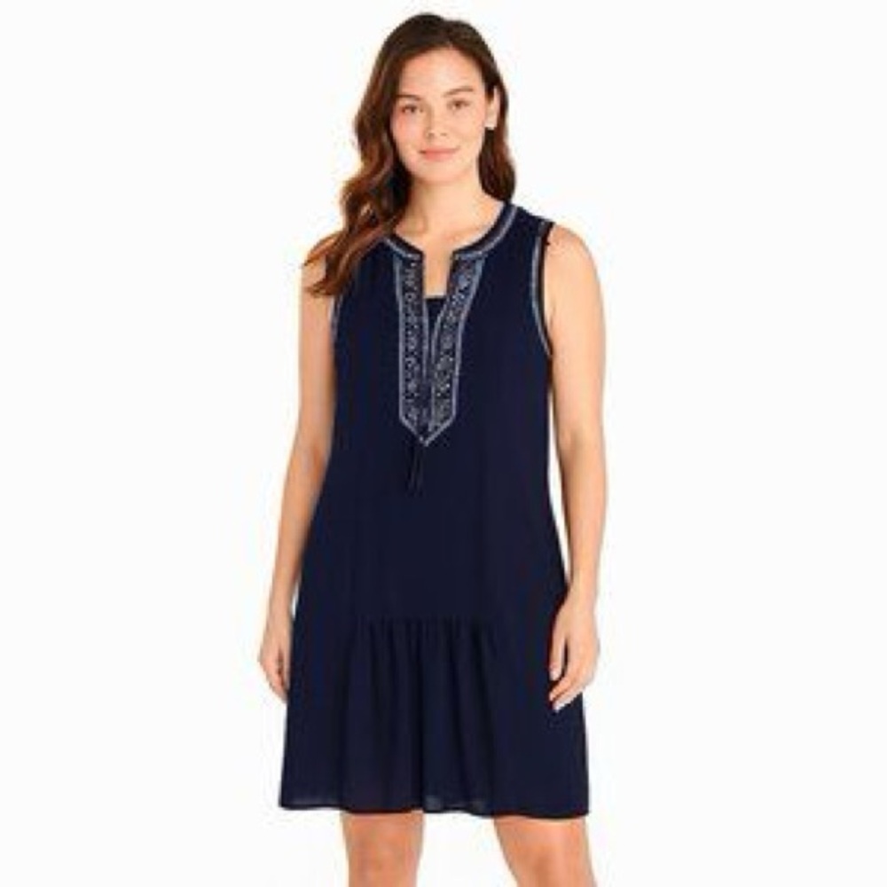Navy Embroidered dress sleeveless drop waist tank